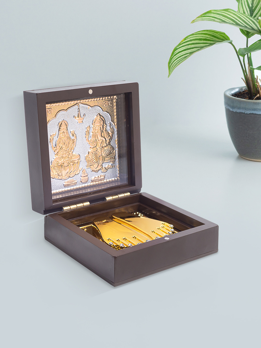 Golden Peacock Brown & Gold Toned 24 KT Gold Foil Laxmi Ganesh Pooja Box
