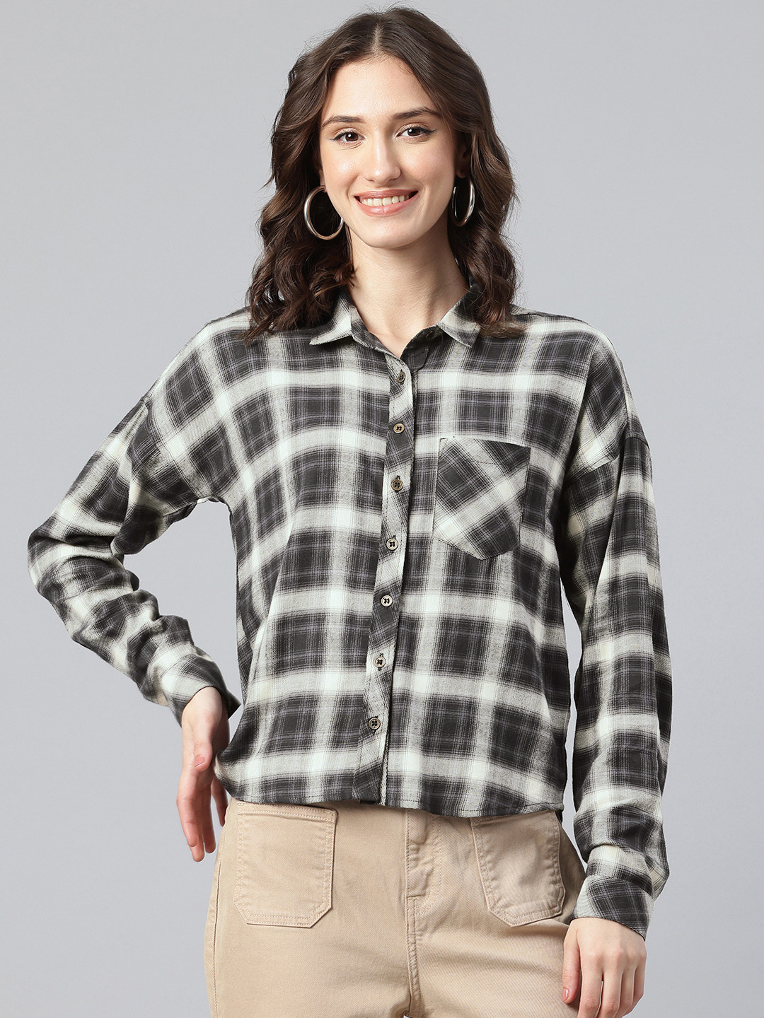 One Femme Modern Checked Drop-Shoulder Sleeves Casual Shirt