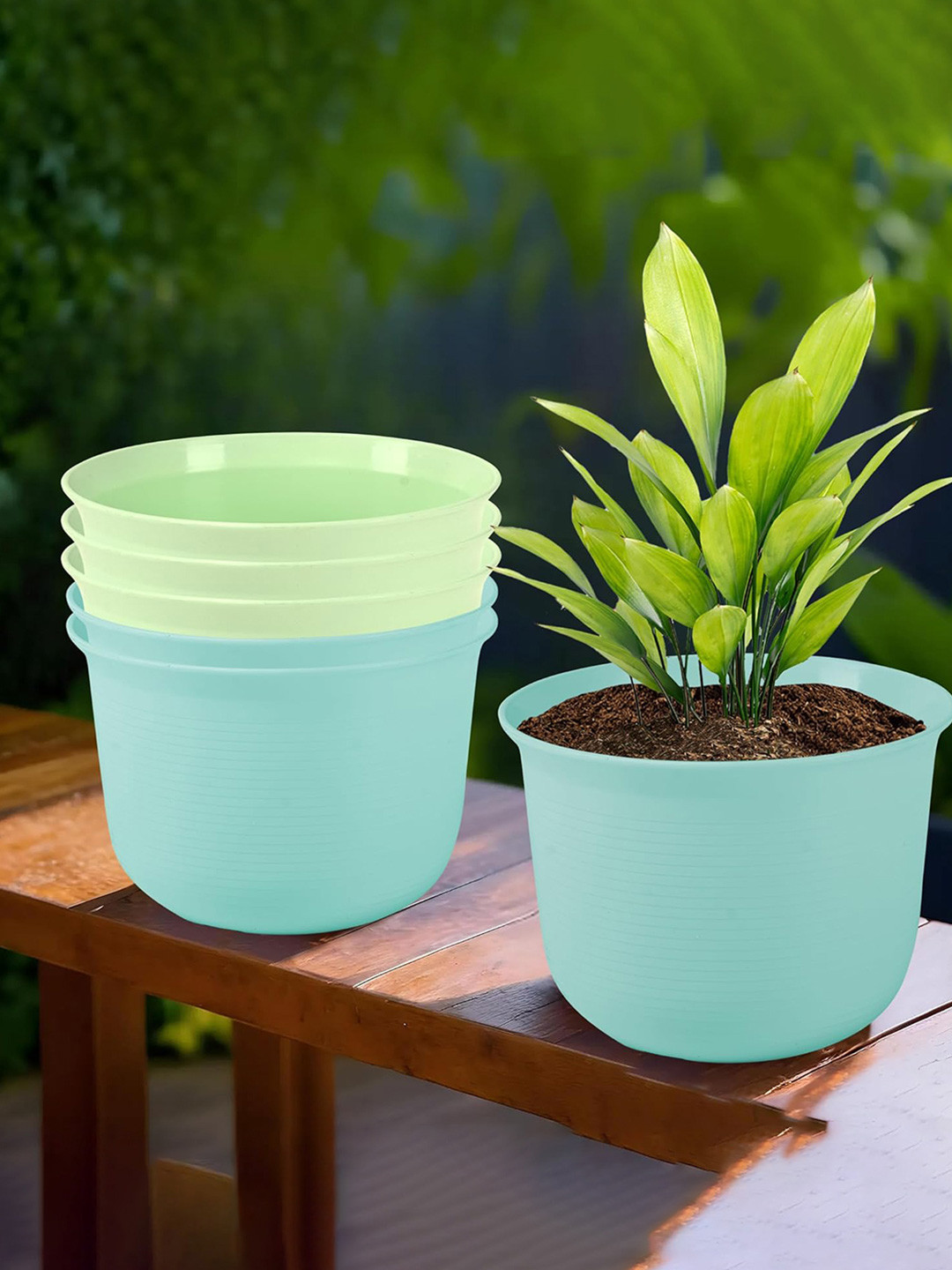 Kuber Industries 6Pcs Blue & Green Textured Planters With Plate
