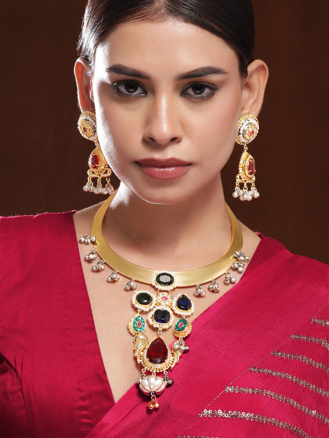 Rubans 22K Gold-Plated Ruby,Emerald & Blue Stone Studded Choker Set with Gold-Silver Beads