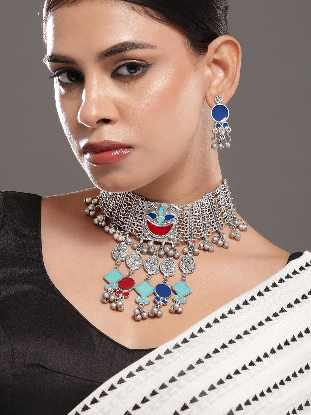 Rubans Oxidised Silver-Plated Choker Necklace Set with Vibrant Blue,Red & Turquoise Accent
