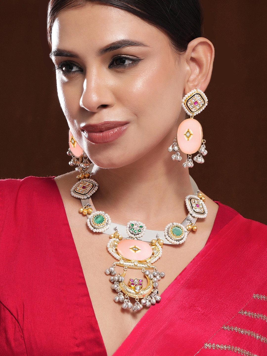 Rubans Dual-Plated Silver & Gold Choker NecklaceSet with Emerald,Kundan & Silver-Gold Bead
