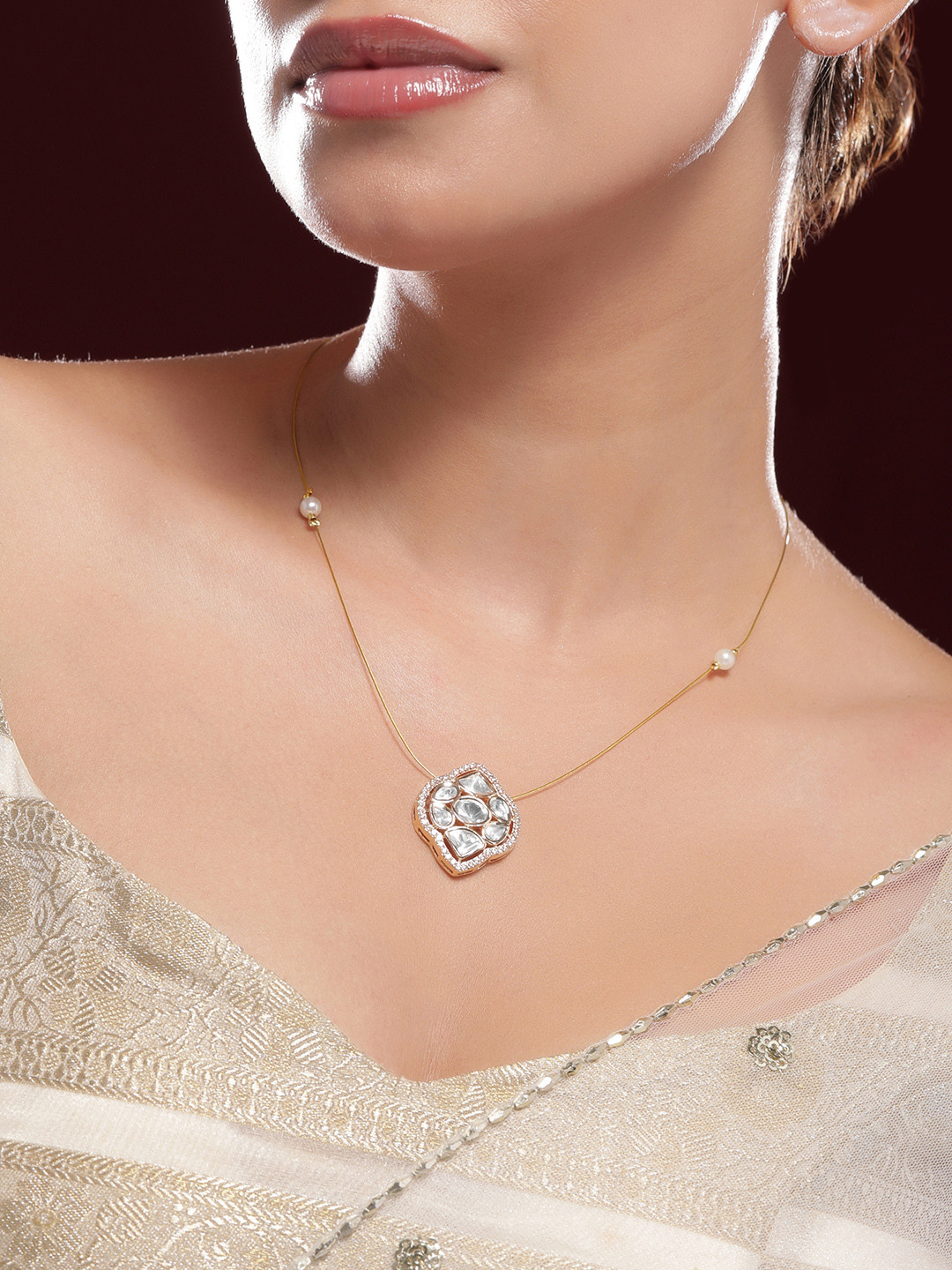 Rubans 22K Gold-Plated Kundan & Cubic Zirconia Pendant Necklace with Pearl Detailing