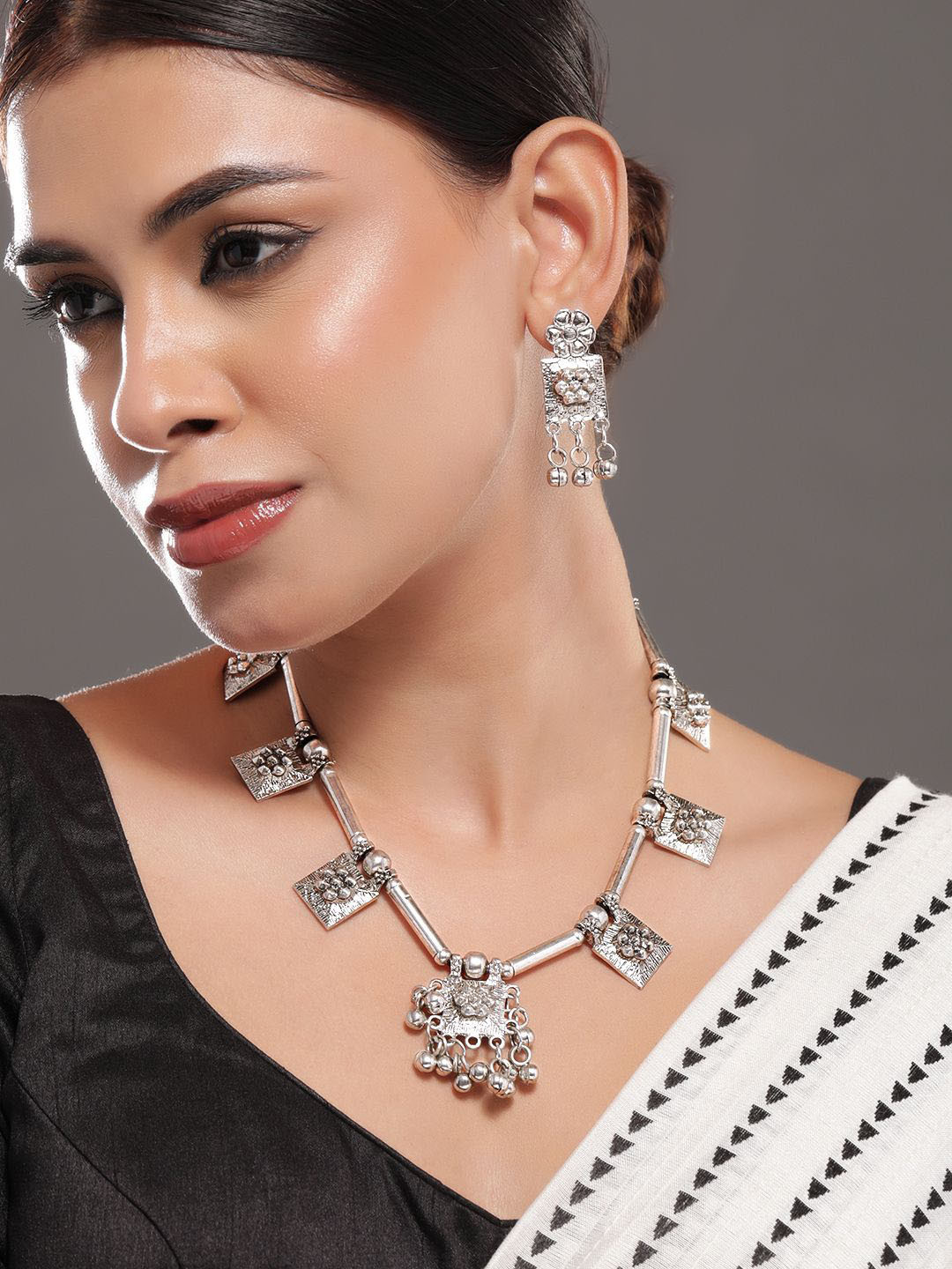 Rubans Oxidised Silver-Plated Necklace Set with Intricate Square Motifs & Silver Beads