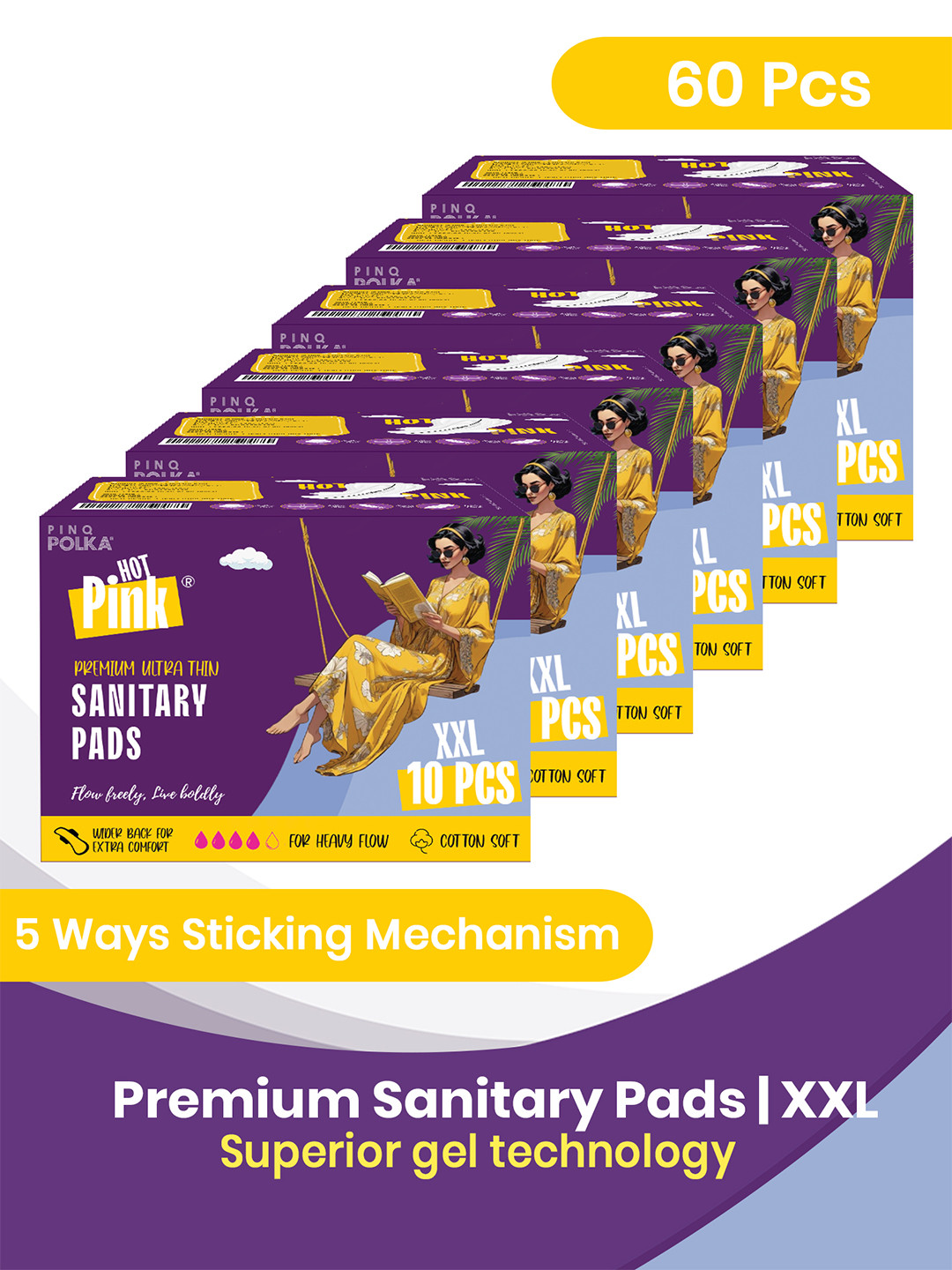 PINQ POLKA Pack of 60 Hot Pink Ultra Thin Rashfree Cotton Feel Sanitary Pads (320 Mm)