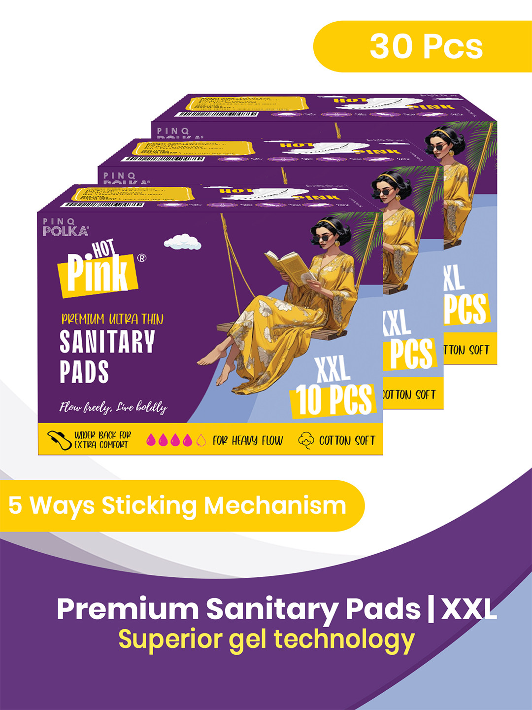 PINQ POLKA Pack of 30 Hot Pink Ultra Thin Rashfree Cotton Feel Sanitary Pad (320 Mm)