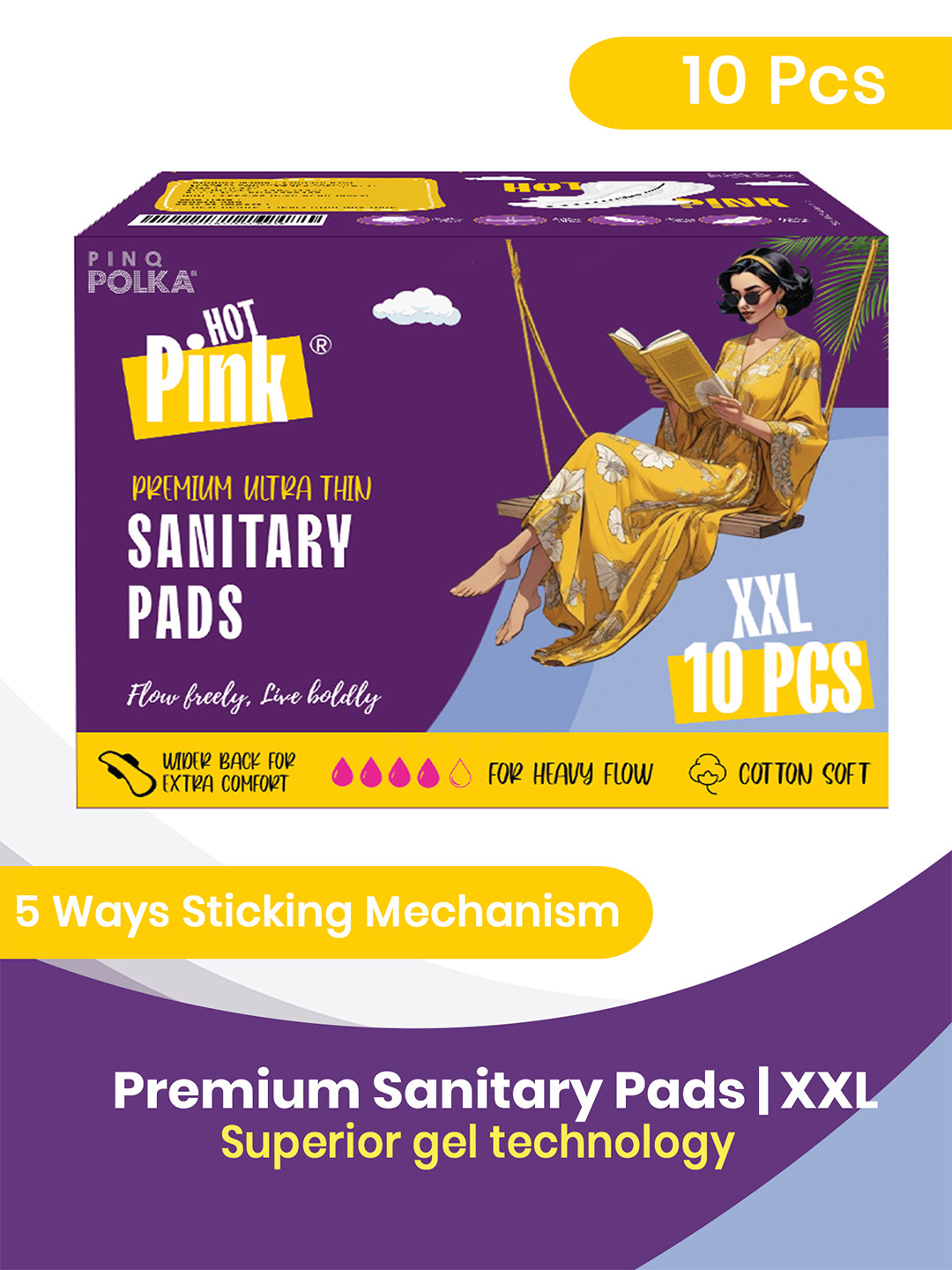 PINQ POLKA Pack of 10 Hot Pink Ultra Thin Rashfree Cotton Feel Sanitary Pads (320 Mm)