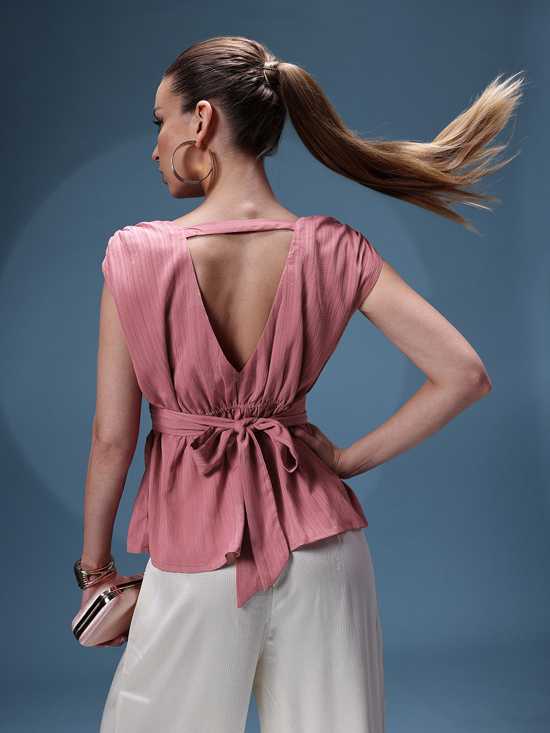 bebe Soft Romance Tie-Up Textured Styled Back Wrap Top