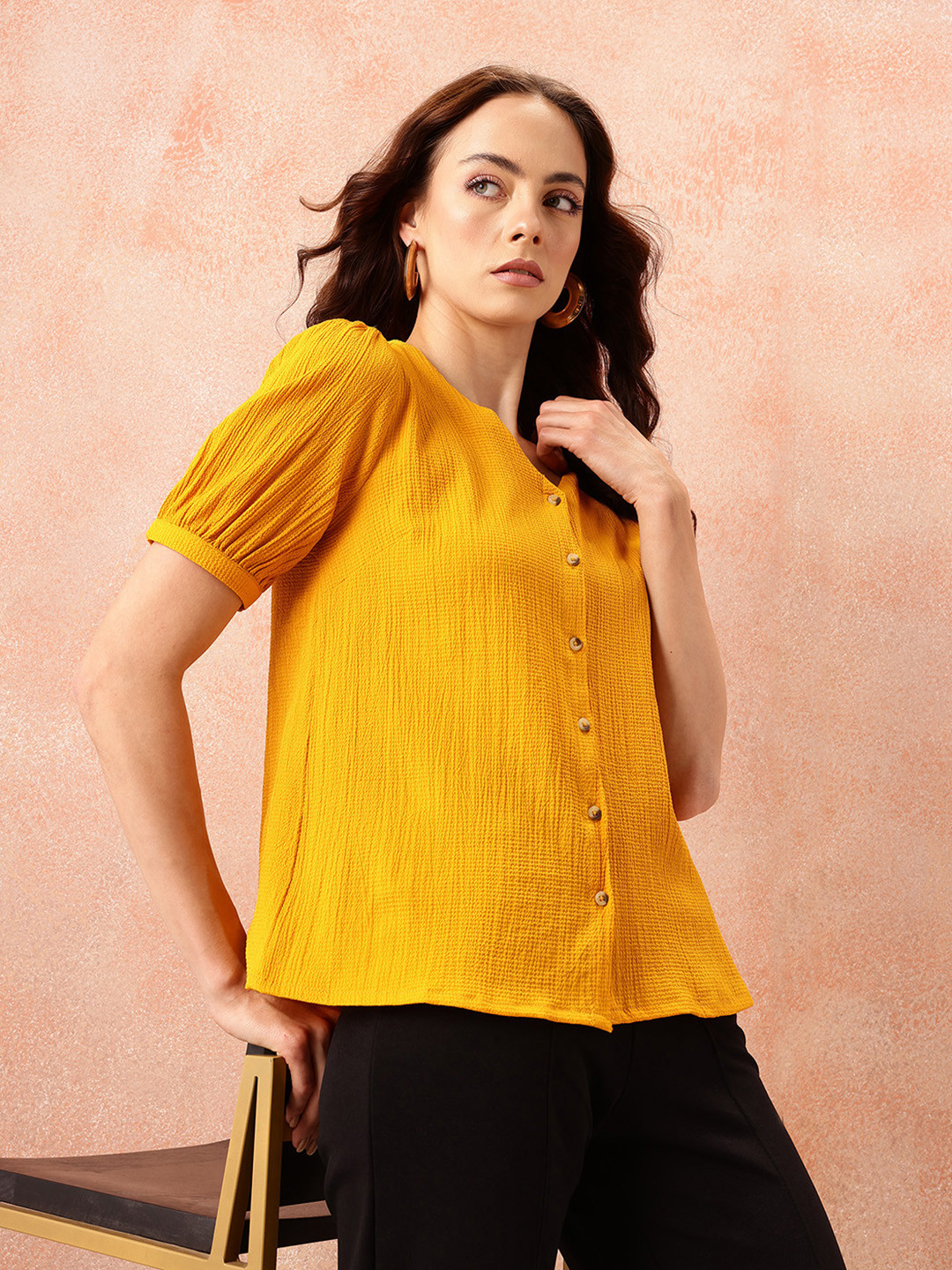 all about you Textured Puff Sleeves Top