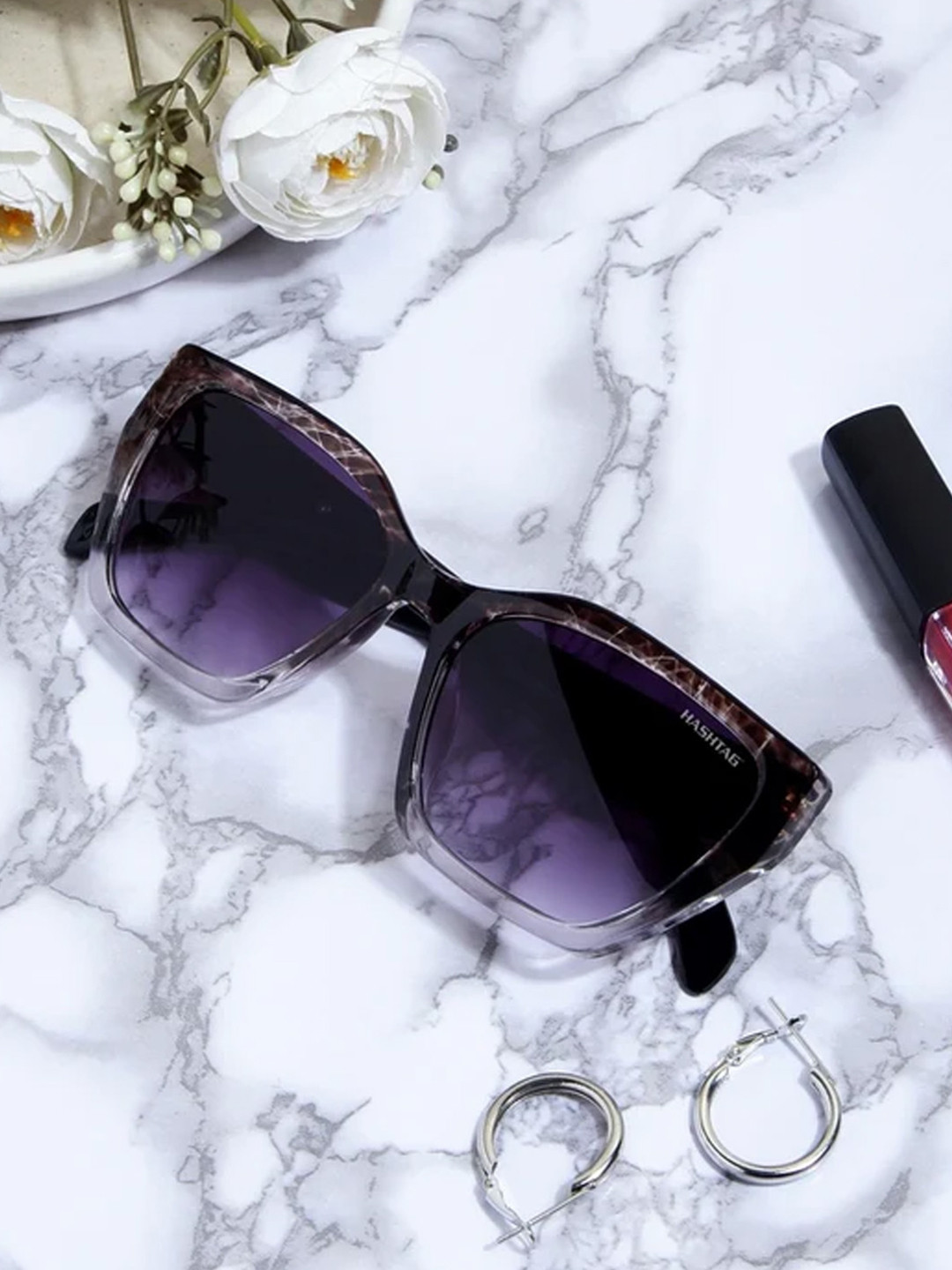 HASHTAG EYEWEAR Women Square Sunglasses TZ-24-8063-1-C2-Transparent Texture Brown Gradient