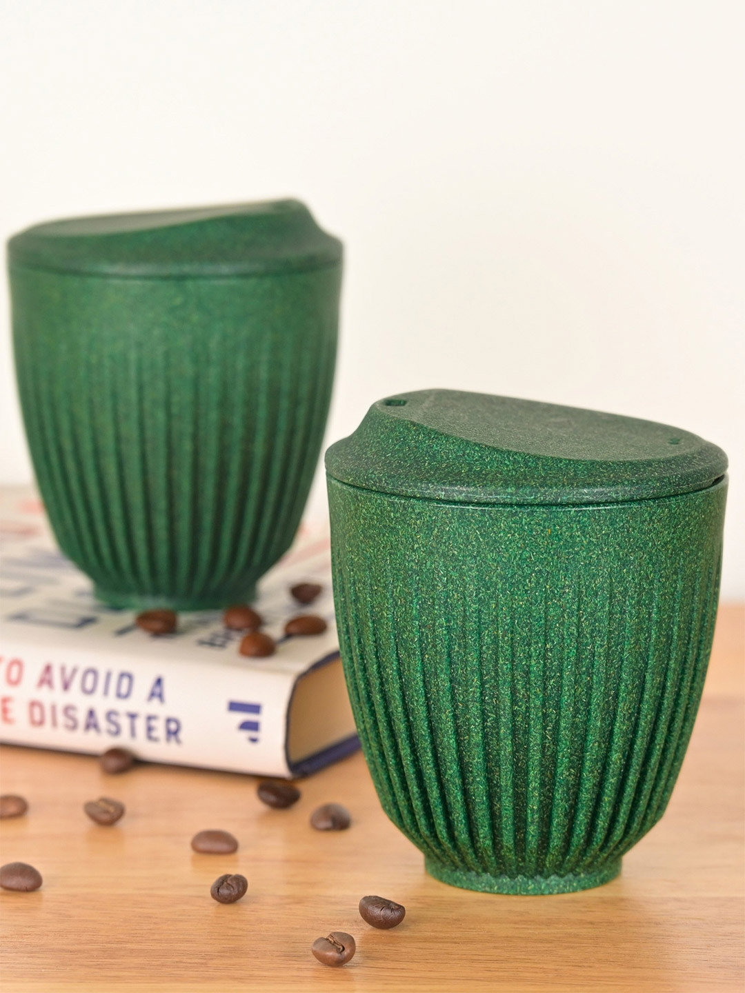 eha Studio Pottery Green Striped Biocomposite Handmade 2 Piece Cups with Lids-250ml