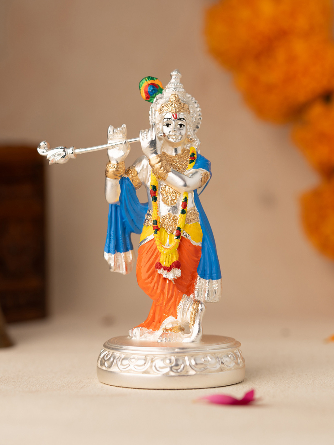Voylla Festive Serenity Krishna'S Melody Silver Resin Glossy Prayer Room Small Showpiece - 19.7 Inches