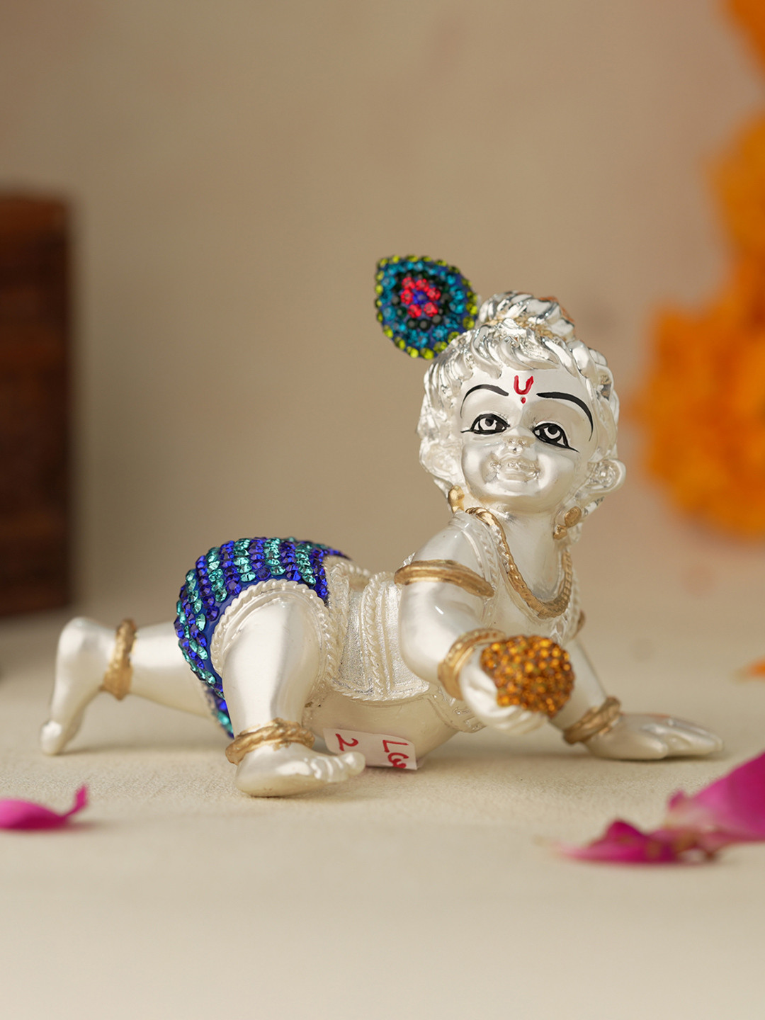 Voylla innocence Baby Krishna Silver Resin Matte Prayer Room Small Showpiece - 3.5 Inches