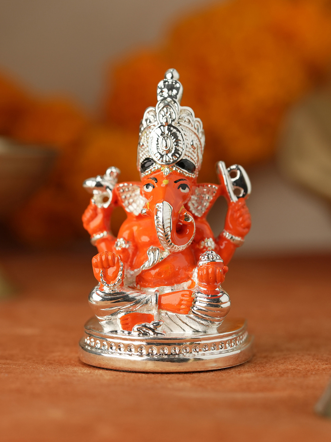 Voylla Gift of Grace Lord Ganesha Silver Resin Glossy Prayer Room Small Showpiece - 3.1 Inches