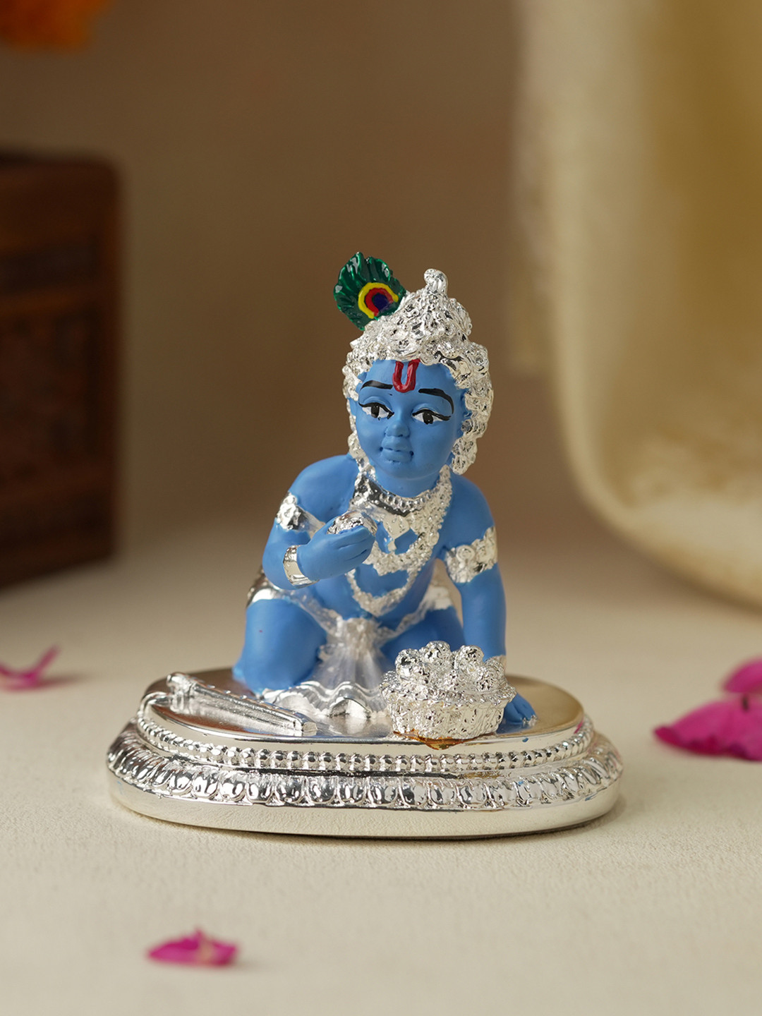 Voylla Radiant Elegance Of Lord Krishna Silver Resin Mirrored Prayer Room Small Showpiece - 3.9 Inches