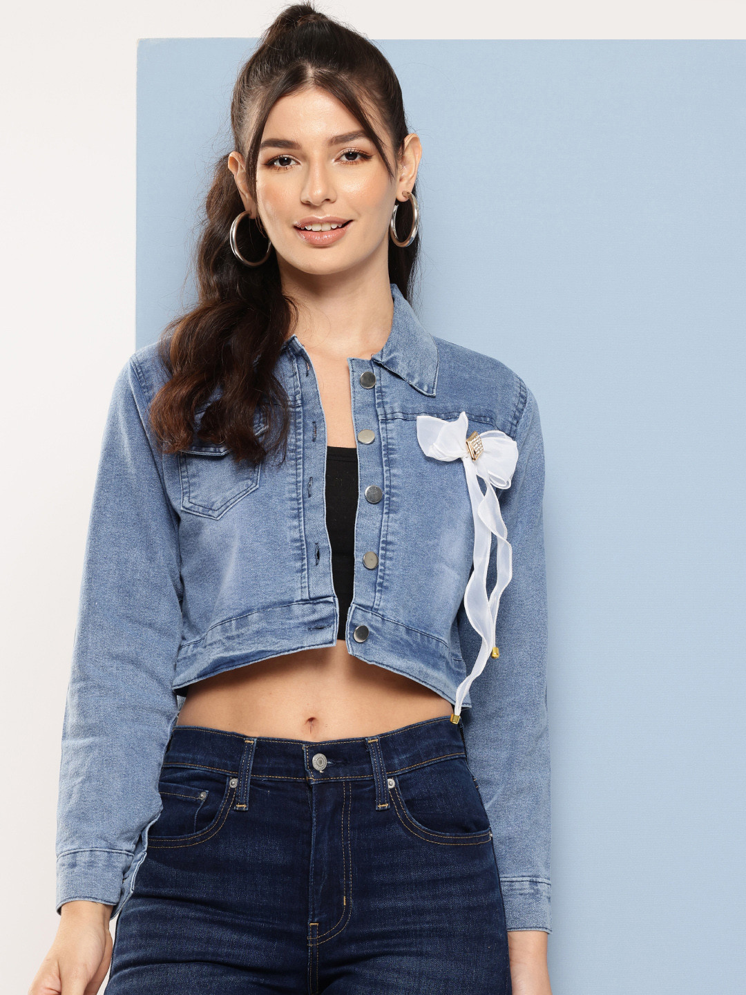 Aarika Washed Cropped Denim Jacket with Bow Detail