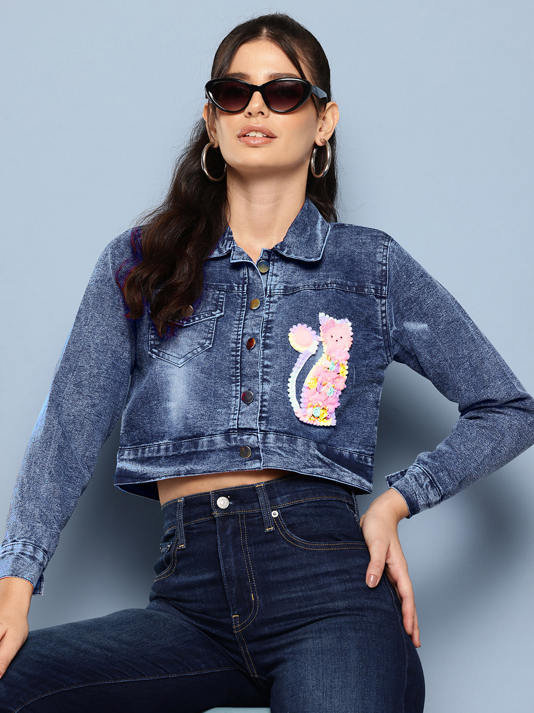 Aarika Washed Cropped Denim Jacket with Patchwork