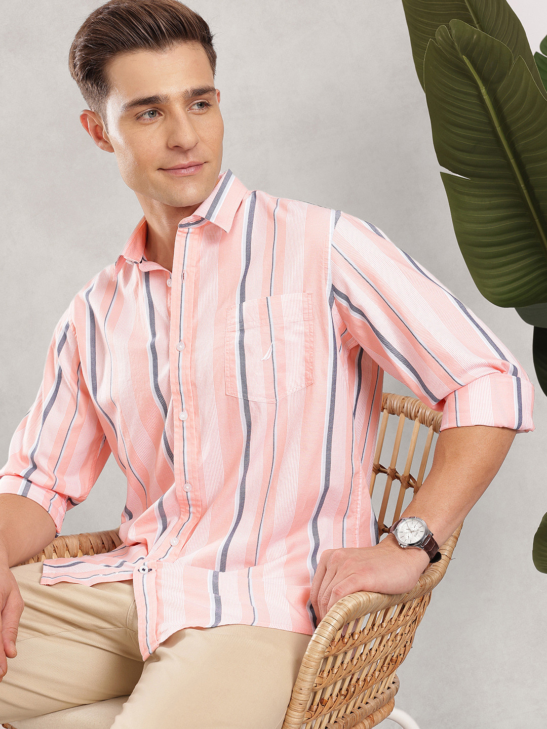 Nautica Classic Fit Opaque Striped Pure Cotton Casual Shirt