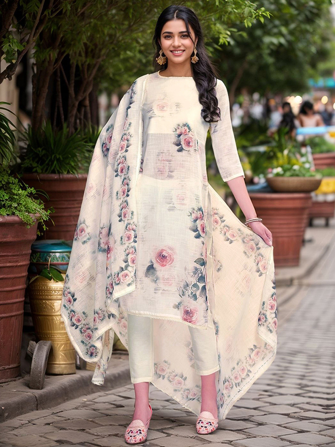 Anouk Cream-Coloured Floral Printed Boat Neck Linen Straight Kurta With Trousers & Dupatta