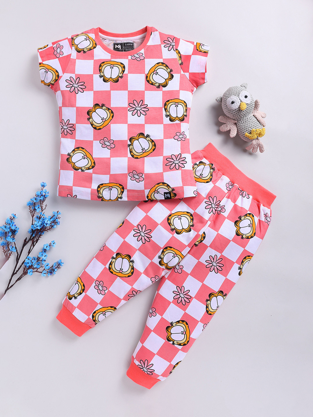 YK X Minute Mirth Girls Garfield Printed Pure Cotton T-shirt and Joggers