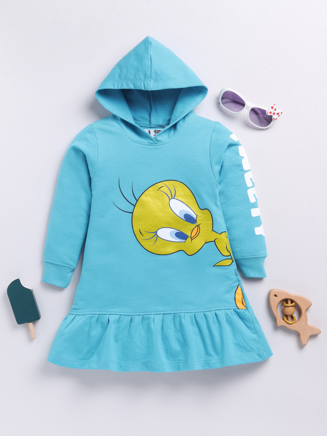 YK X Minute Mirth Girls Tweety Printed A-Line Hooded Dress