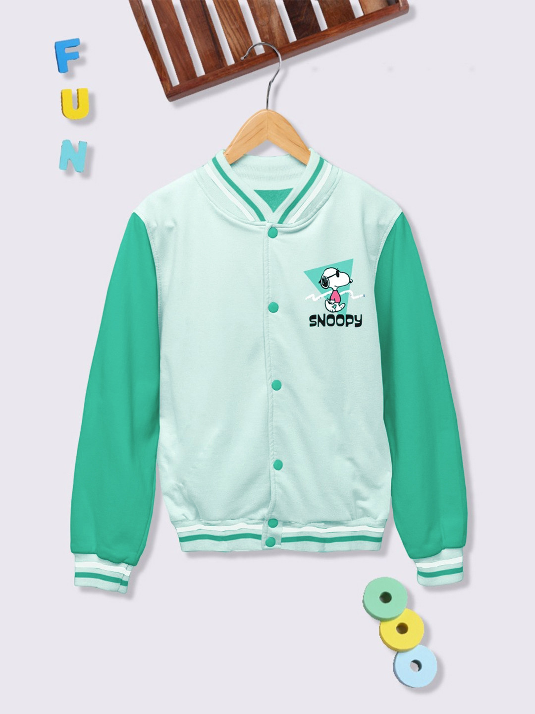 YK X Minute Mirth Girls Snoopy Printed Varsity Jacket