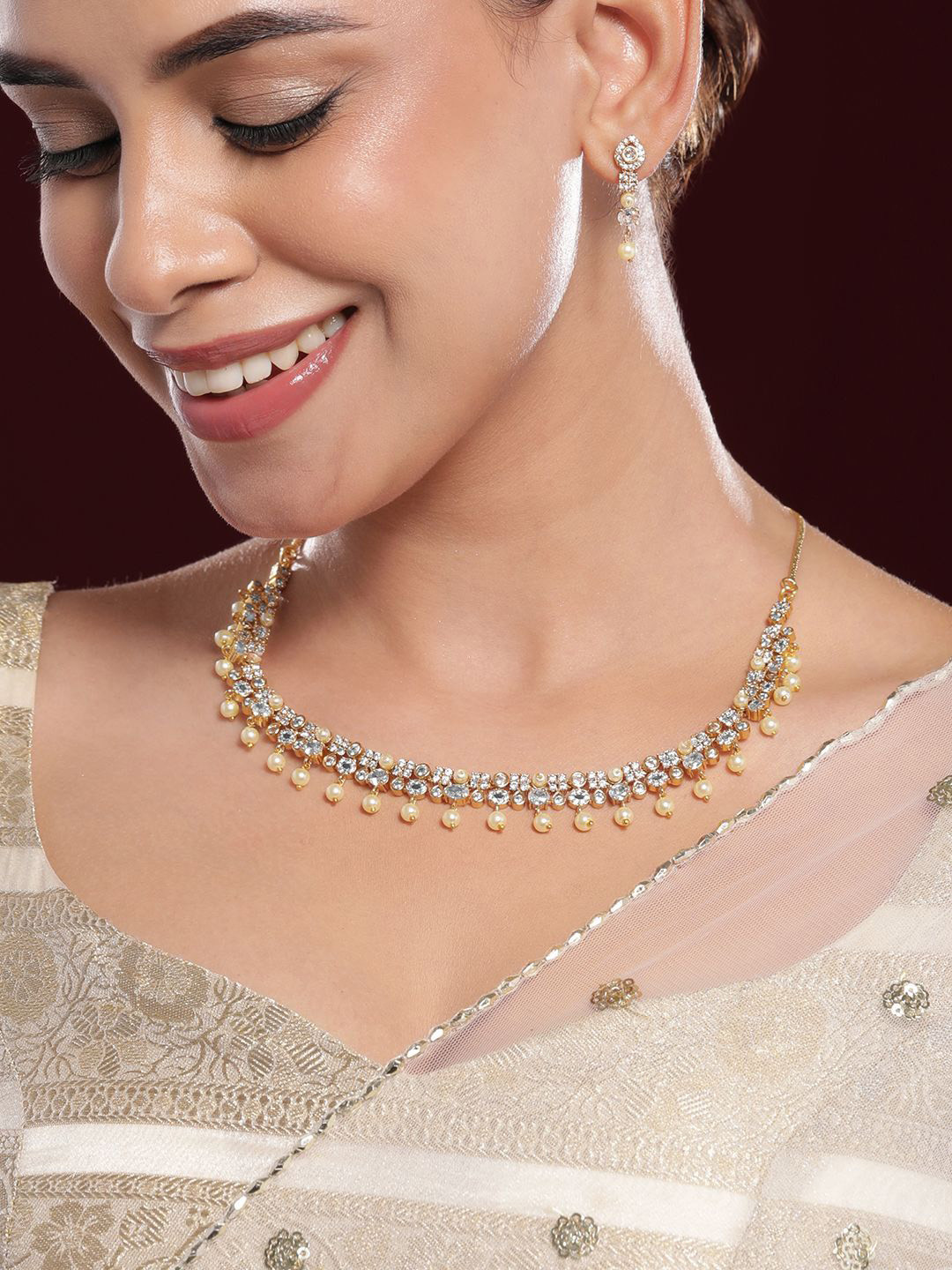 Rubans 22K Gold-Plated Pearl Beads & White Cubic Zirconia Handcrafted Necklace Set