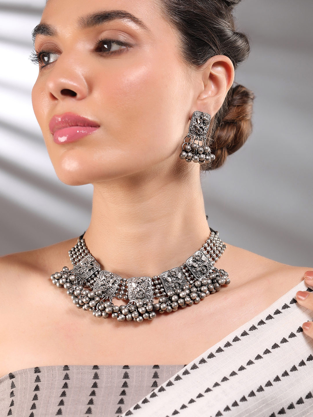 Rubans Oxidized Silver-Plated Statement Choker Necklace Set with Beaded Detailing
