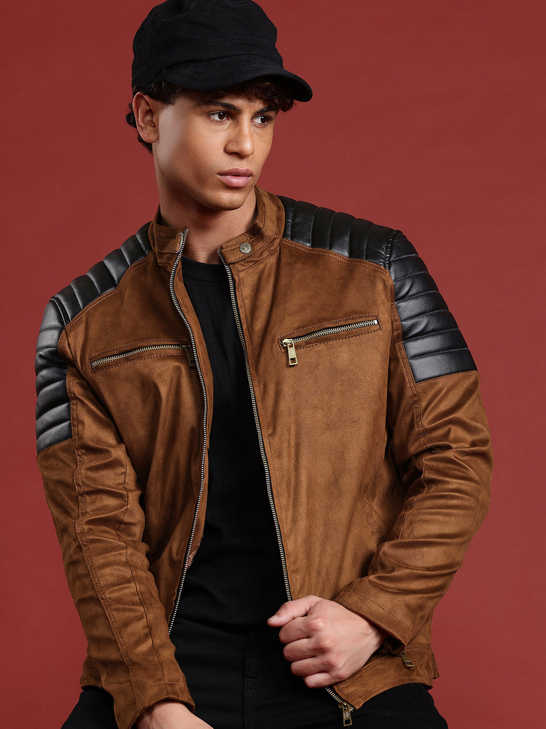 Leather Retail Contrast Shoulder Suede Biker Jacket With Quilted Detail