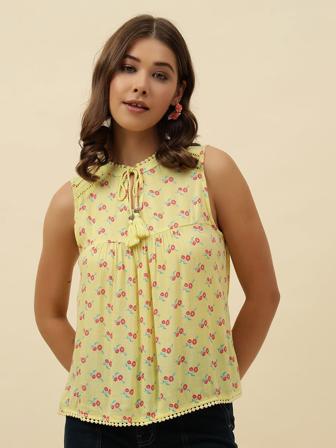 Beatnik Women Self Design Floral Printed Cotton  Tie-Ups A-LineTop