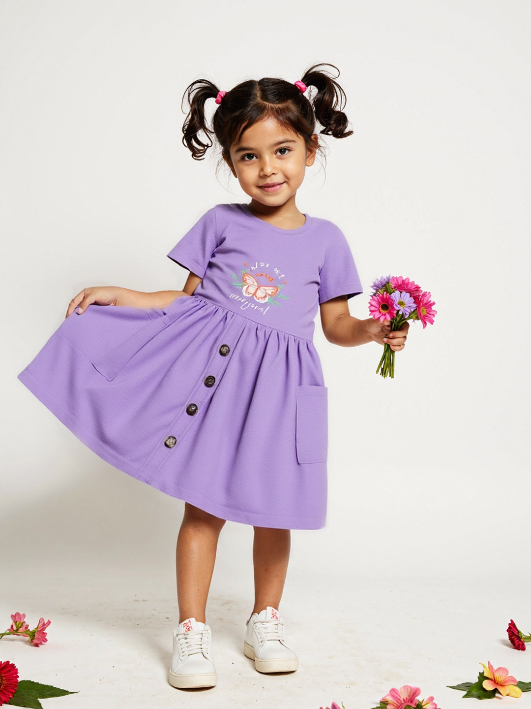 Nautinati Girls' Butterfly Print Knee Length Frock with Pockets