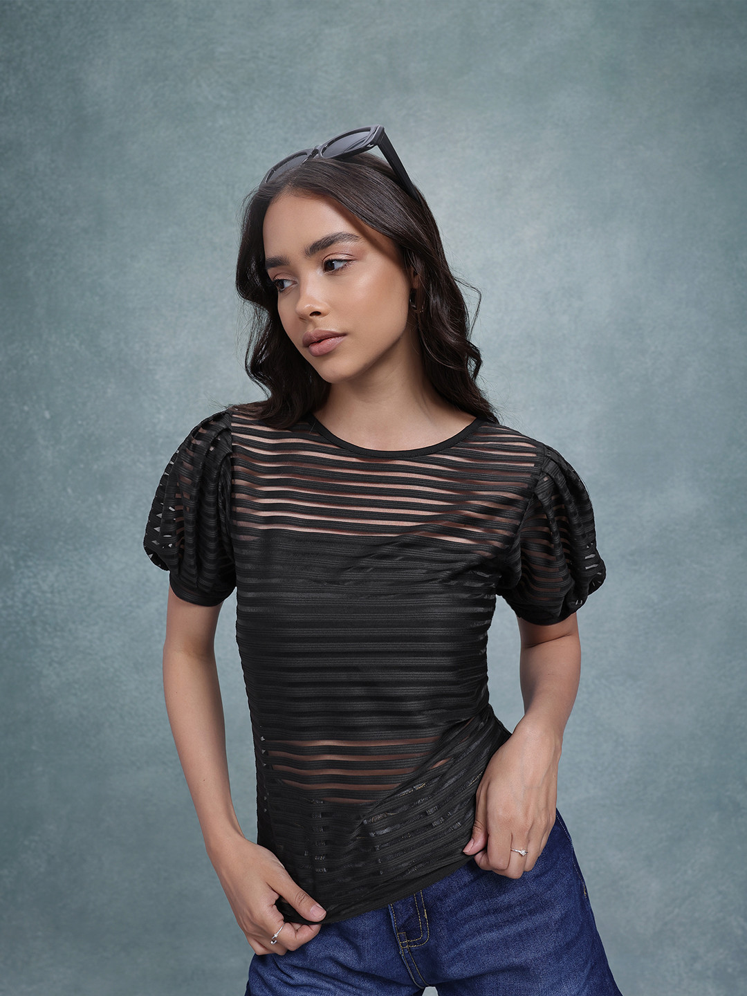 The Roadster Life Co. Striped Sheer Puff Sleeve Top