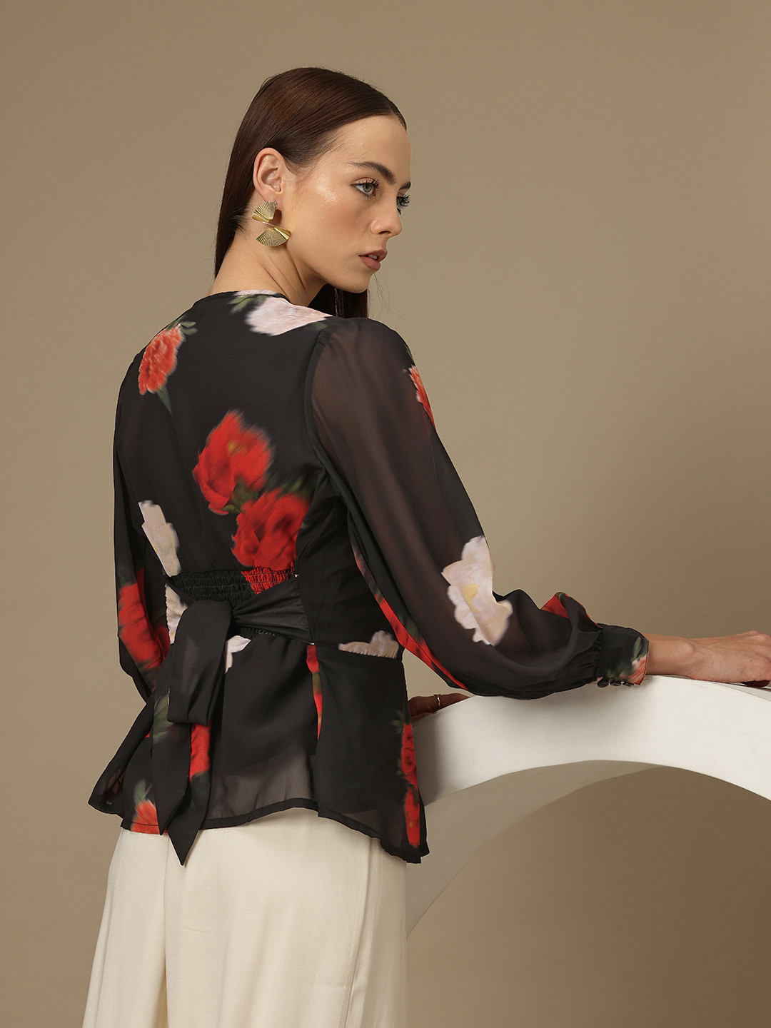 Chemistry Floral Print Surplice Neck Georgette Peplum Top