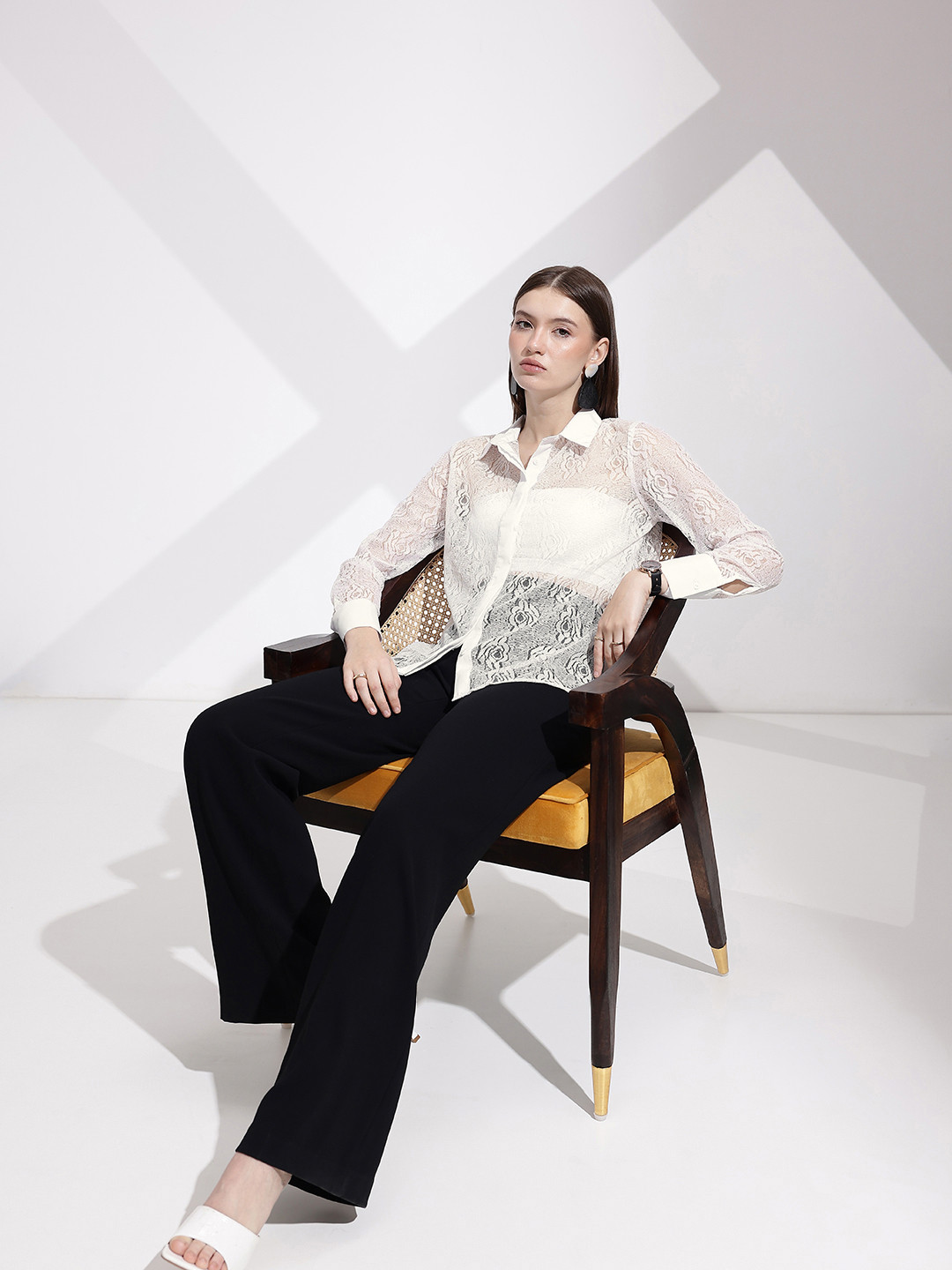 her by invictus Self Design Textured Sheer Casual Shirt