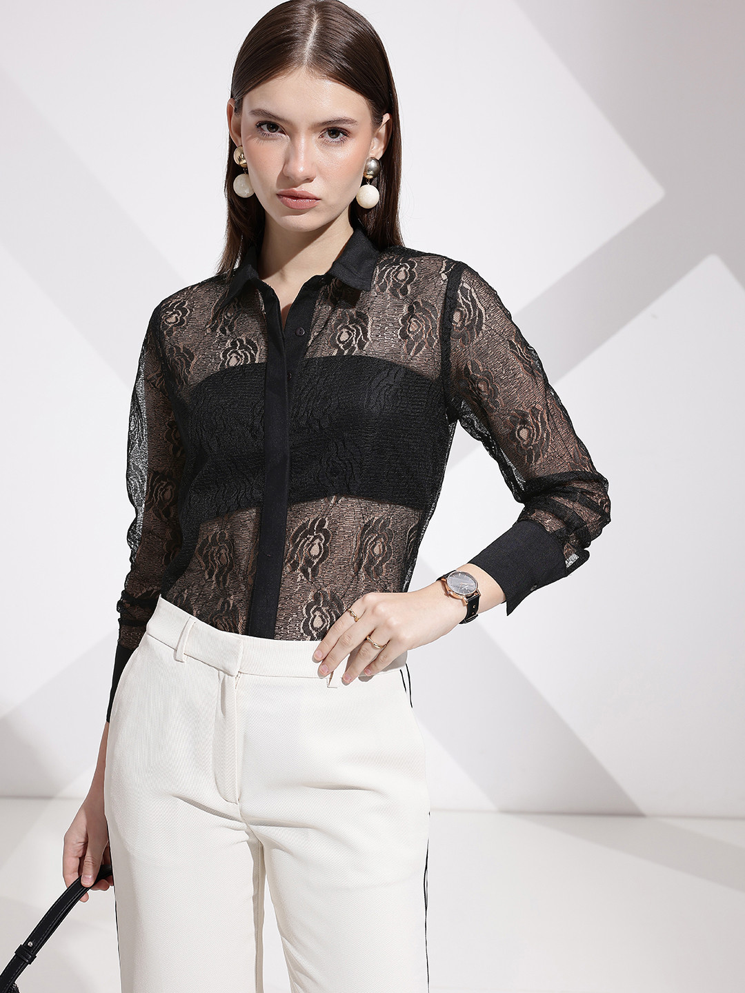 her by invictus Self Design Textured Sheer Casual Shirt