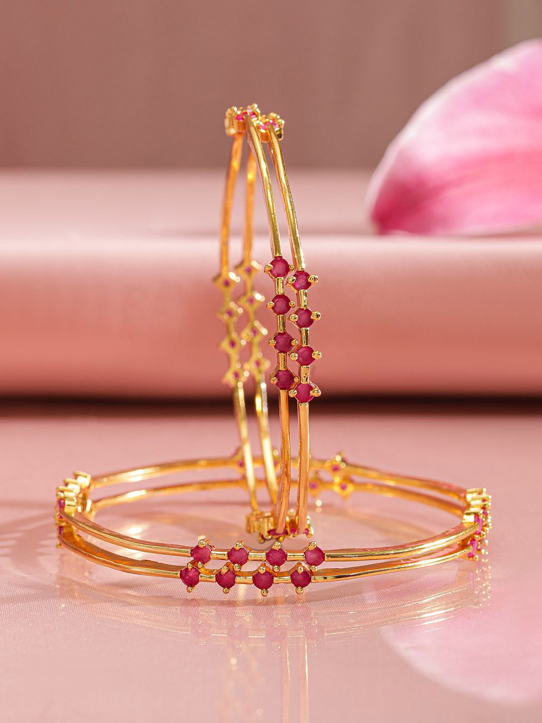 Rubans Set of 4 22K Gold-Plated Ruby Pink Stone Handcrafted Bangle Set