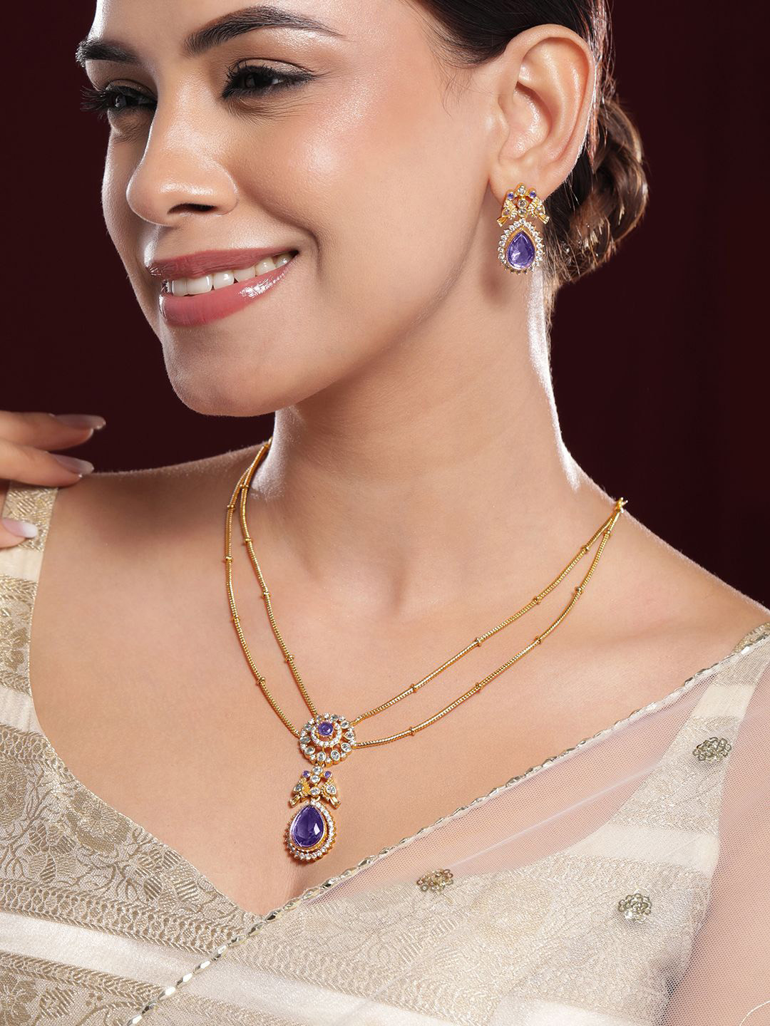 Rubans 22K Gold-Plated Purple Stone & Cubic Zirconia Studded Dual Chain Necklace Set
