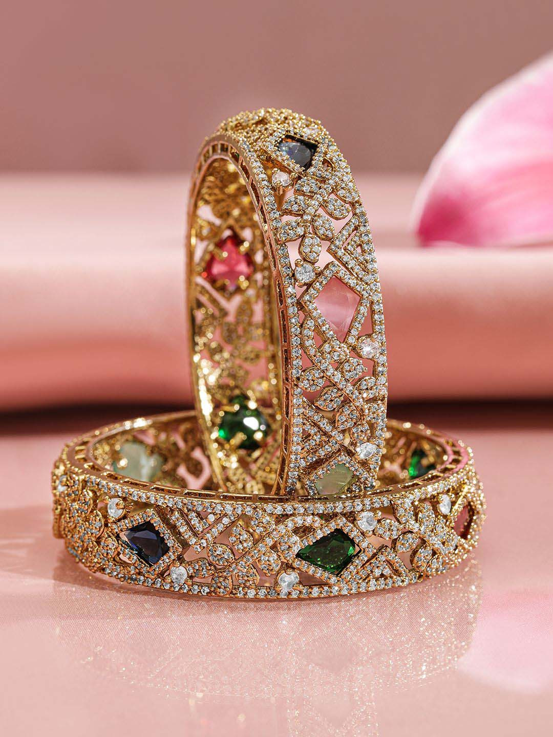 Rubans Set of 2, 22K Gold-Plated Multicolor AD & CubicZirconia Studded Traditional Bangles