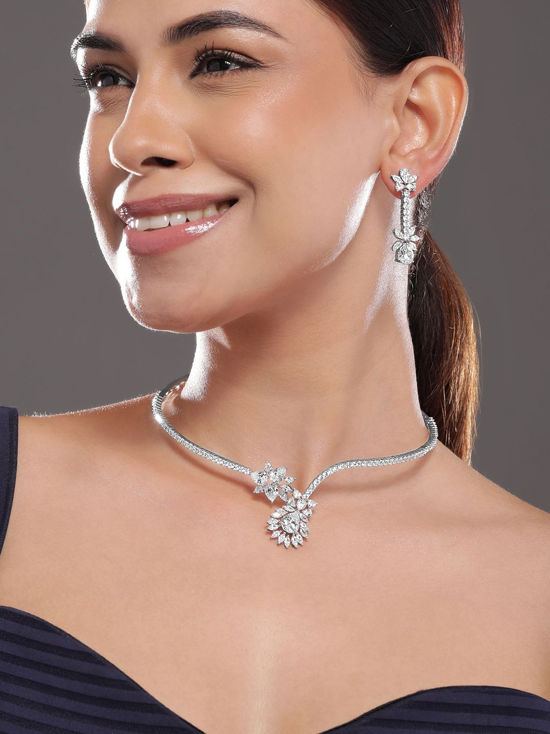 Rubans Silver-Plated Cubic Zirconia Floral Statement Choker Necklace Set with Drop Earring