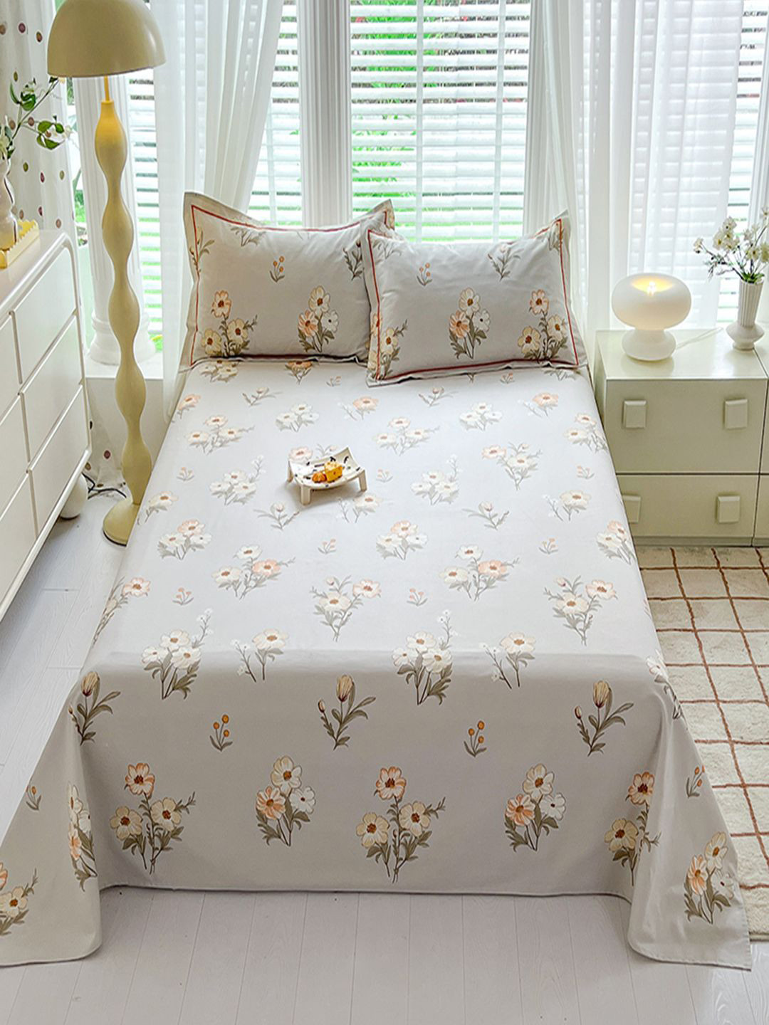 JC HOME Grey Floral Cotton 230 TC Single Fine Bedsheet with a Pillow Cover-91 x 63 inches