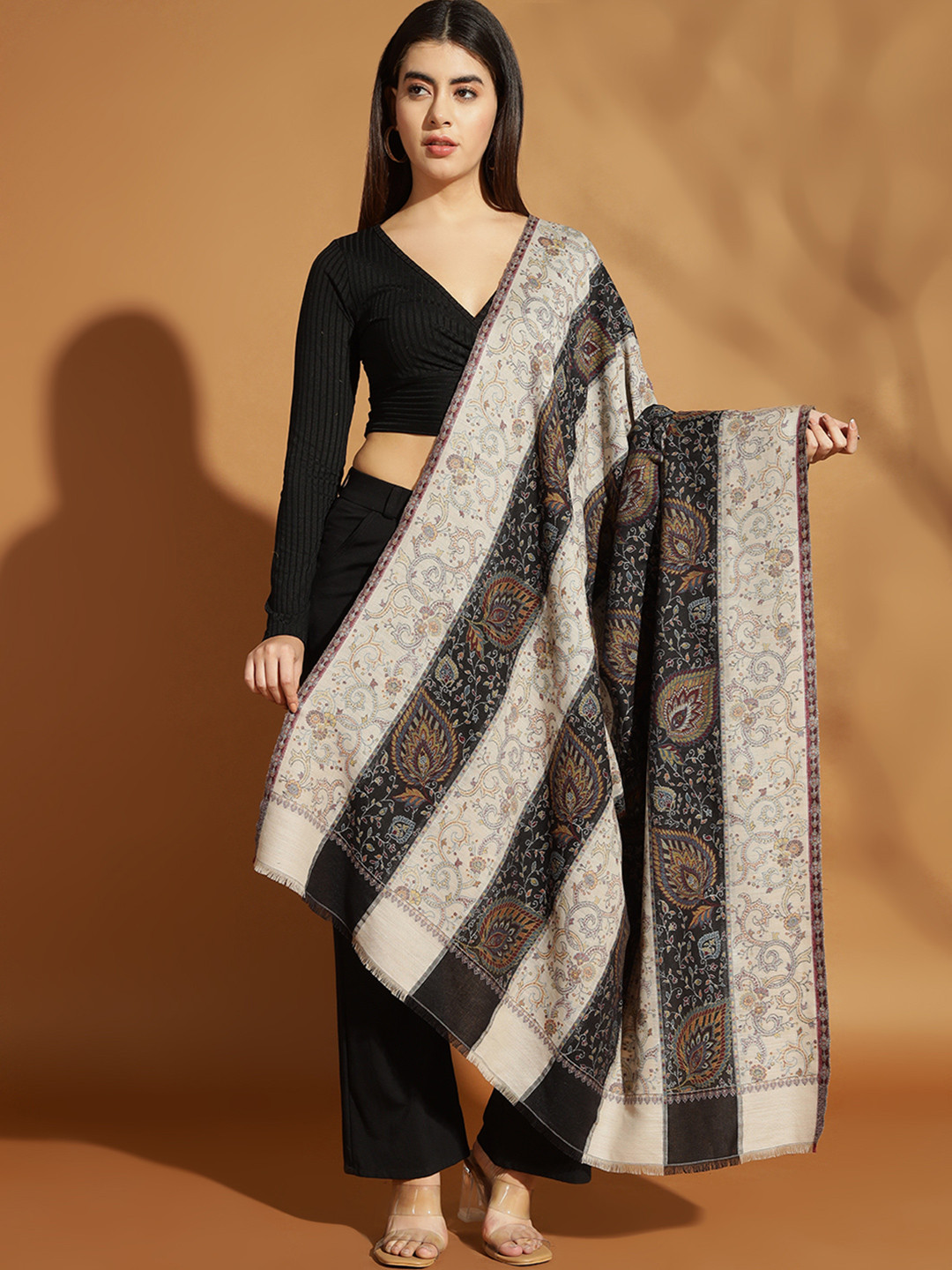 Zamour Floral Woven Design Two Tone Kani Pure Woollen Shawl