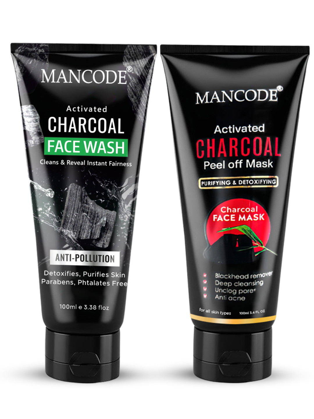 MANCODE Set Of 2 Activated Charcoal Face Wash & Peel-Off Mask Combo - 100 ml Each