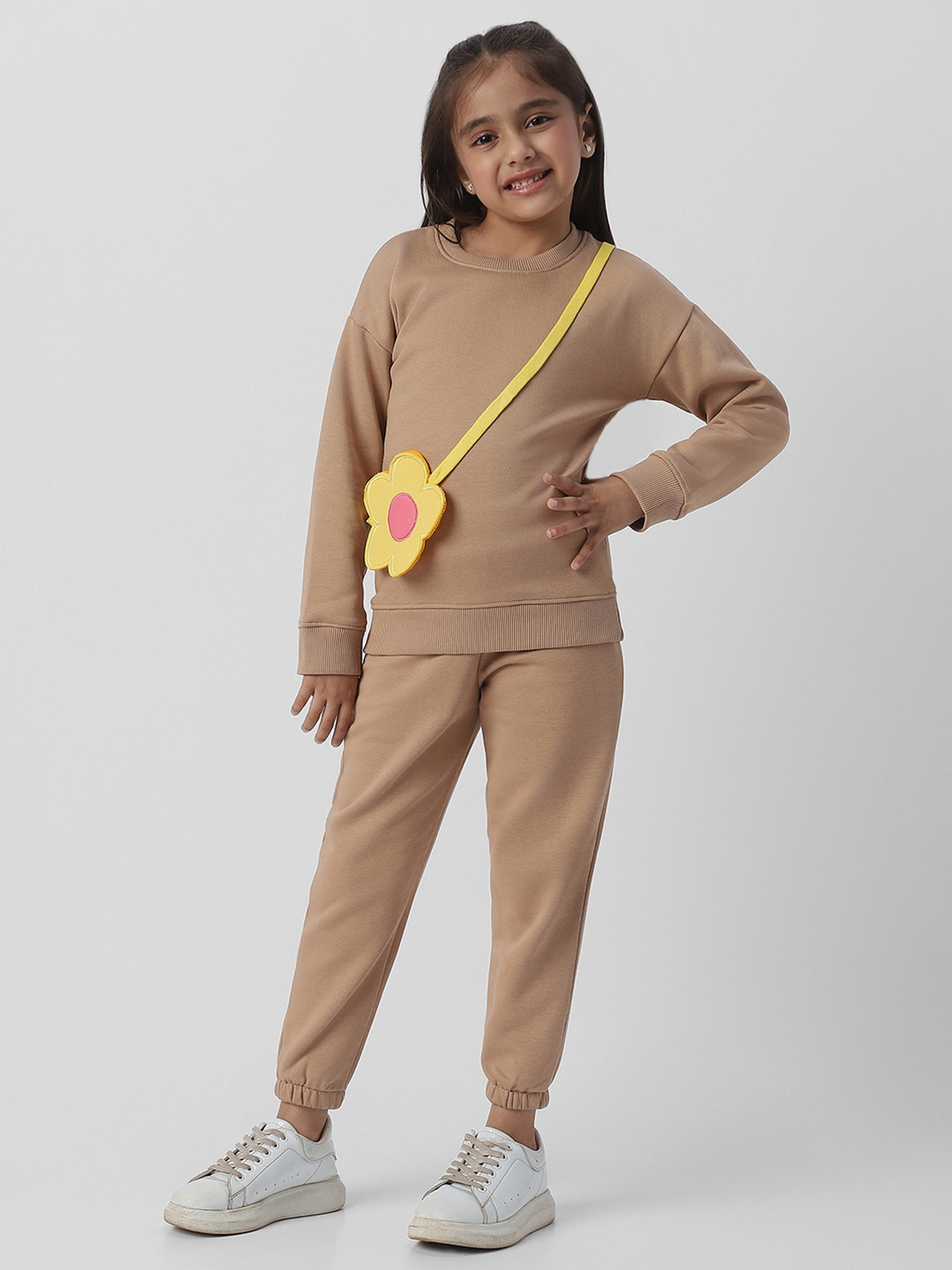 Nautinati Girls' Solid Fleece Sweatshirt and Joggers with Flower-Shaped Bag