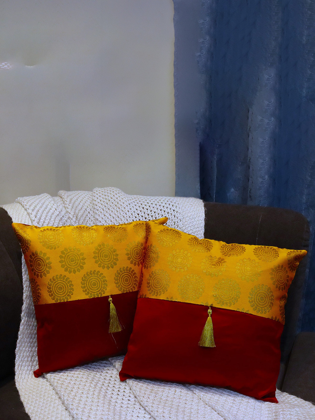 HOME9INE Ethnic Motifs Jacquard Washable 2 Pcs Zari Square Cushion Covers - 16 x 16 In