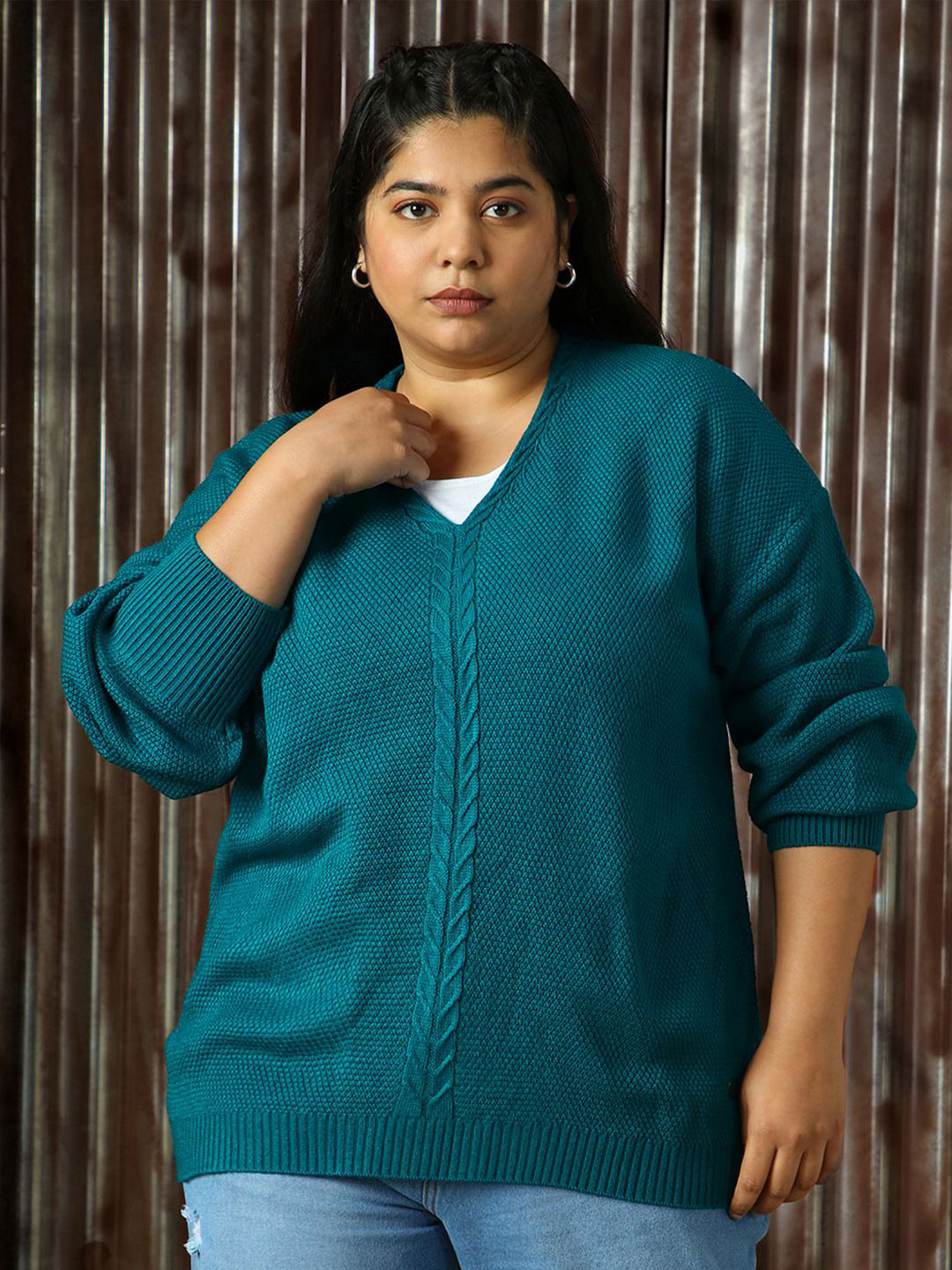 Freeform by High Star Women Cable Knit V-neck Cuffed Sleeves Pullover Sweaters