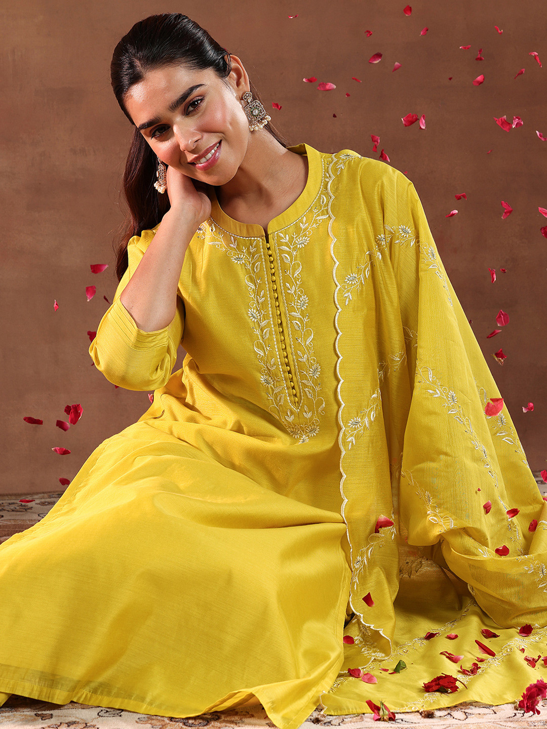 Libas Floral Yoke Design Thread Work Chanderi Silk Straight Kurta With Trouser & Dupatta