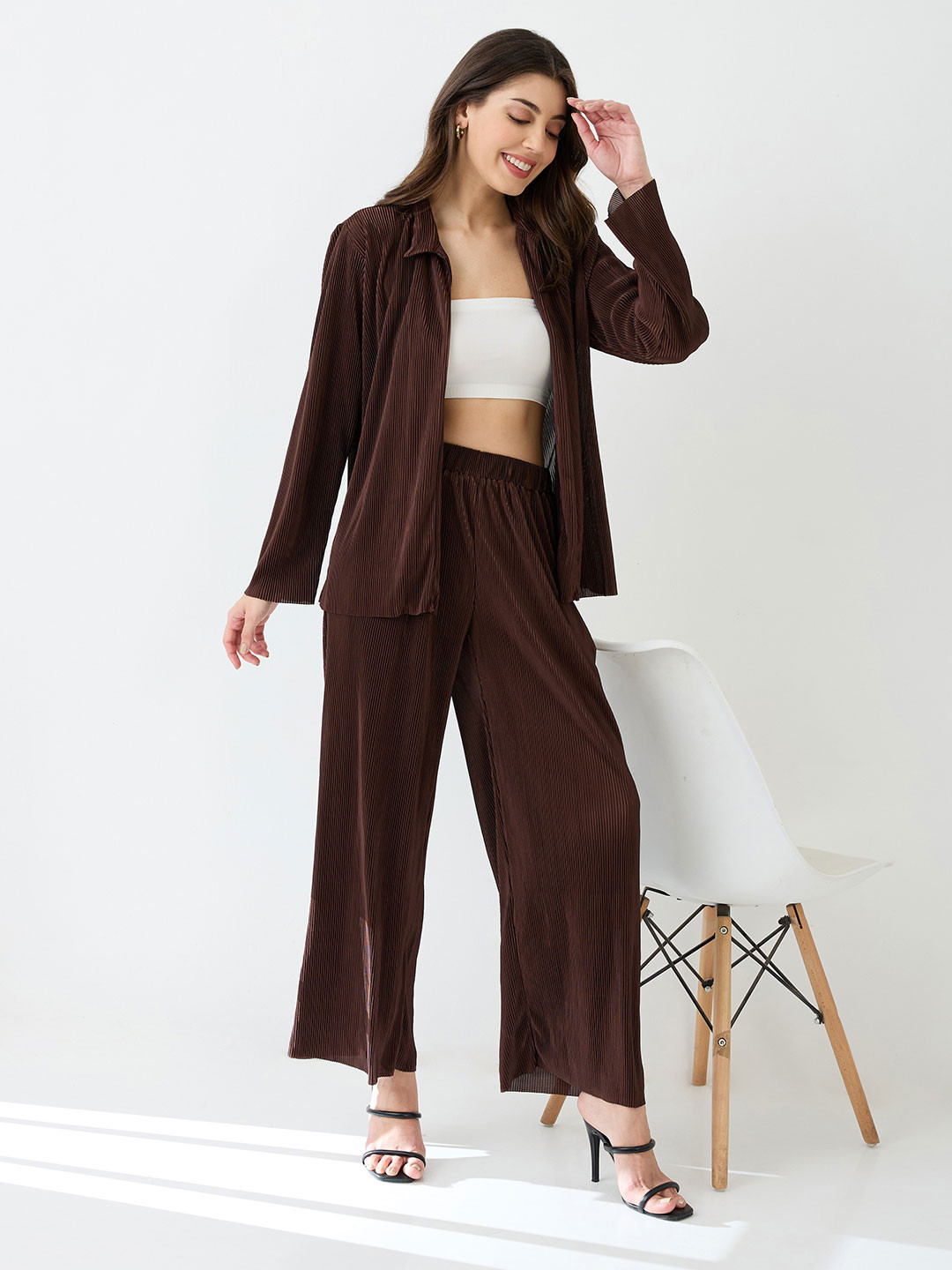 Globus Accordion Pleats Shirt With Elasticated Wide-Leg Trousers Plisse Co-Ord Set