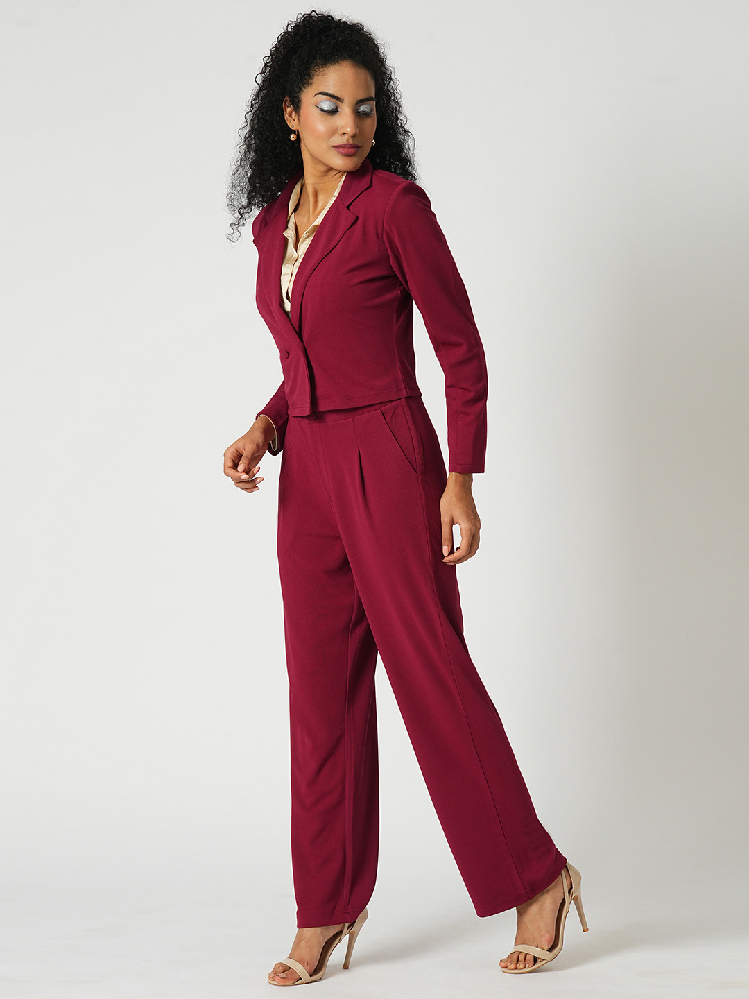 Globus Solid Stretchable Breasted Blazer Jacket With Pleated Trousers Workwear Co-Ord Set