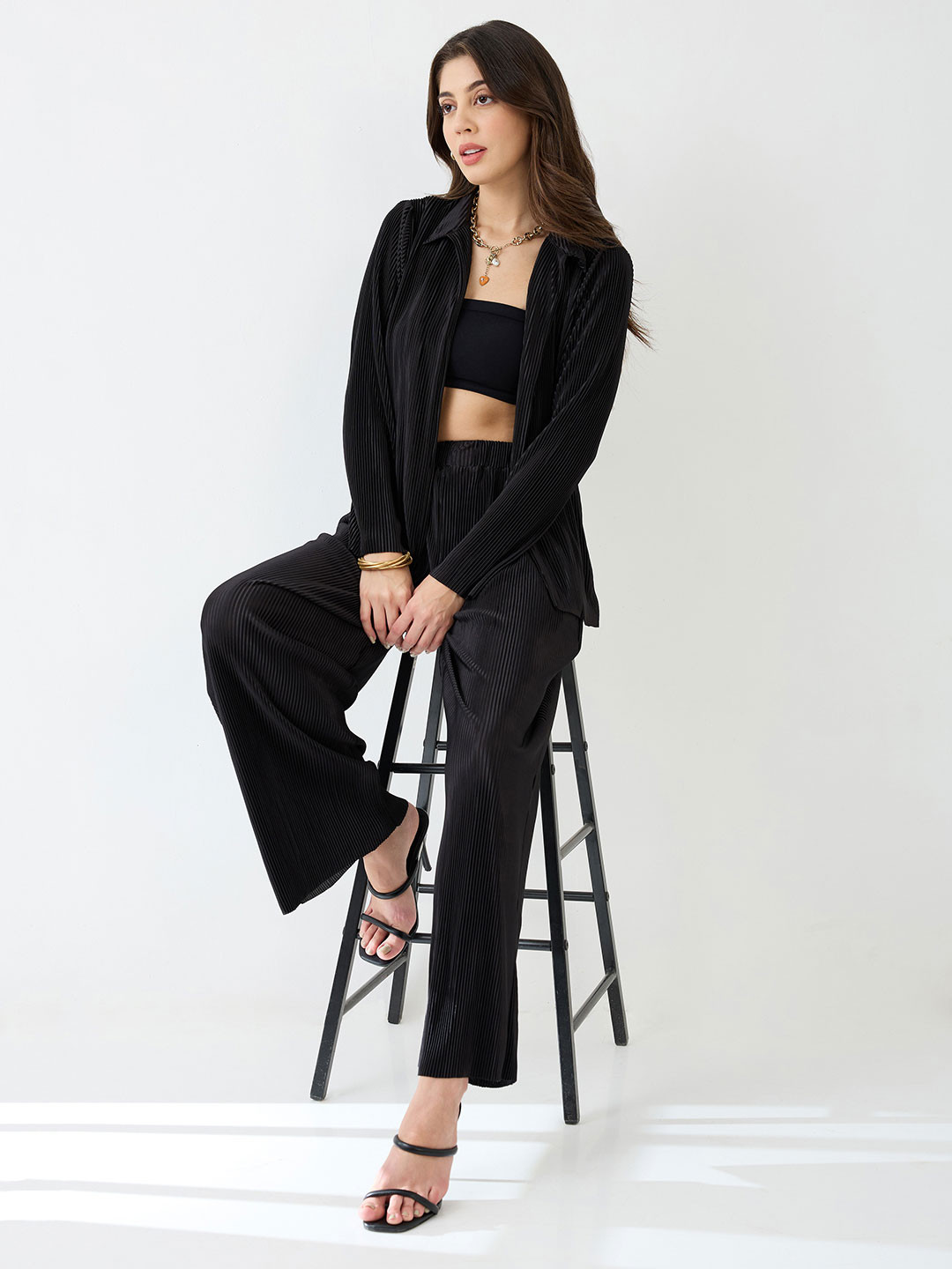 Globus Accordion Pleats Shirt With Elasticated Wide-Leg Trousers Plisse Co-Ord Set