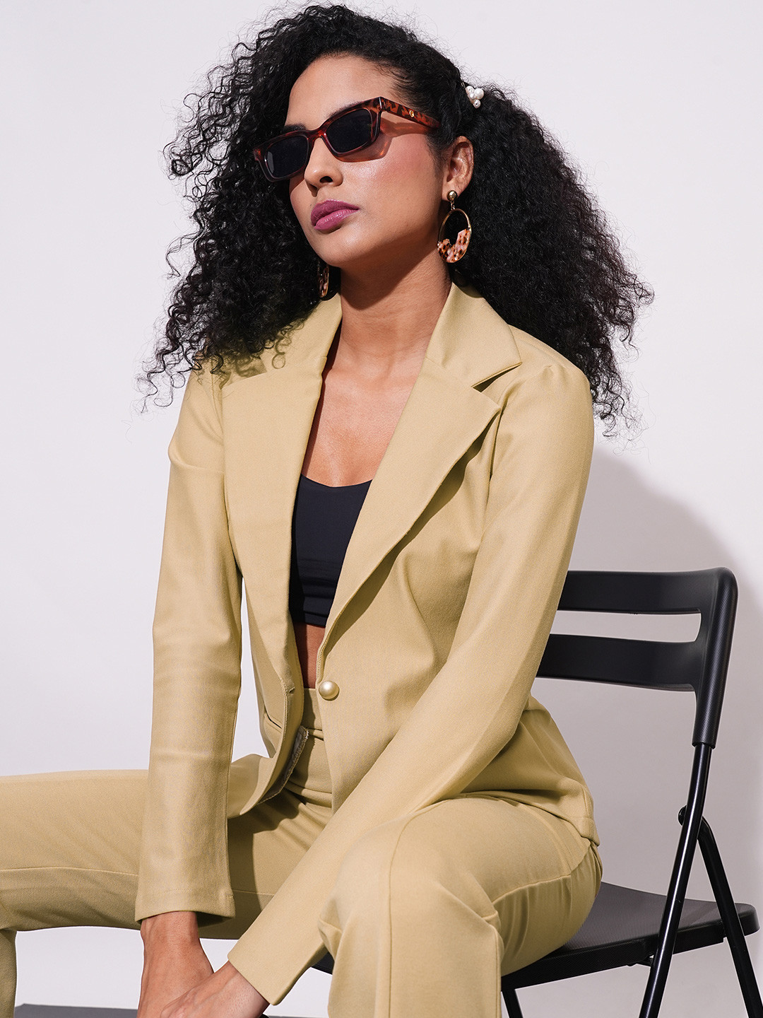 Globus Notch Lapel Long Sleeves Stretchable Curved Hem Open Front Workwear Blazer Jacket